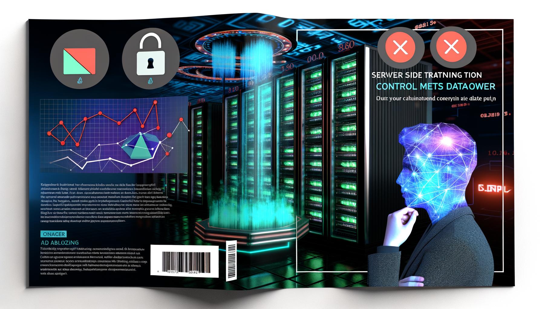 Futuristische Serverlandschaft mit Analyse-Dashboard und souveräner Person, die datengetriebene Kontrolle über ein modernes Rechenzentrum ausübt. Im Hintergrund blockierte Browser-Symbole als Zeichen für Datenschutz.