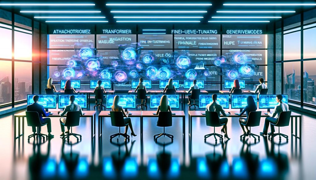 Marketing-Experten arbeiten in einem futuristischen Büro mit holographischen KI-Modellen, digitalen Datenströmen und einer großen Tafel mit KI-Schlüsselbegriffen.