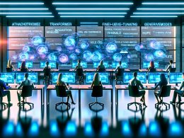 Marketing-Experten arbeiten in einem futuristischen Büro mit holographischen KI-Modellen, digitalen Datenströmen und einer großen Tafel mit KI-Schlüsselbegriffen.
