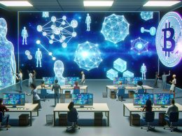 Modernes Labor mit holografischen Computerbildschirmen, schwebenden Blockchain-Netzwerken und Avataren, die an Web3-Technologien arbeiten.