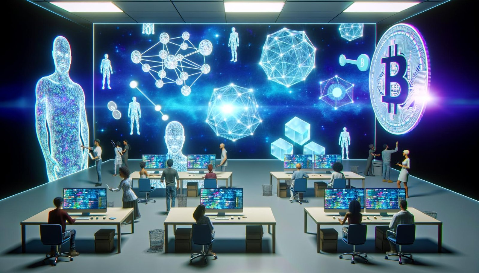 Modernes Labor mit holografischen Computerbildschirmen, schwebenden Blockchain-Netzwerken und Avataren, die an Web3-Technologien arbeiten.