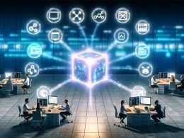 Futuristisches Büro mit Team, digitalen Kanban-Boards und leuchtendem Headless-CMS-Würfel, der Daten zu verschiedenen Endgeräten sendet.