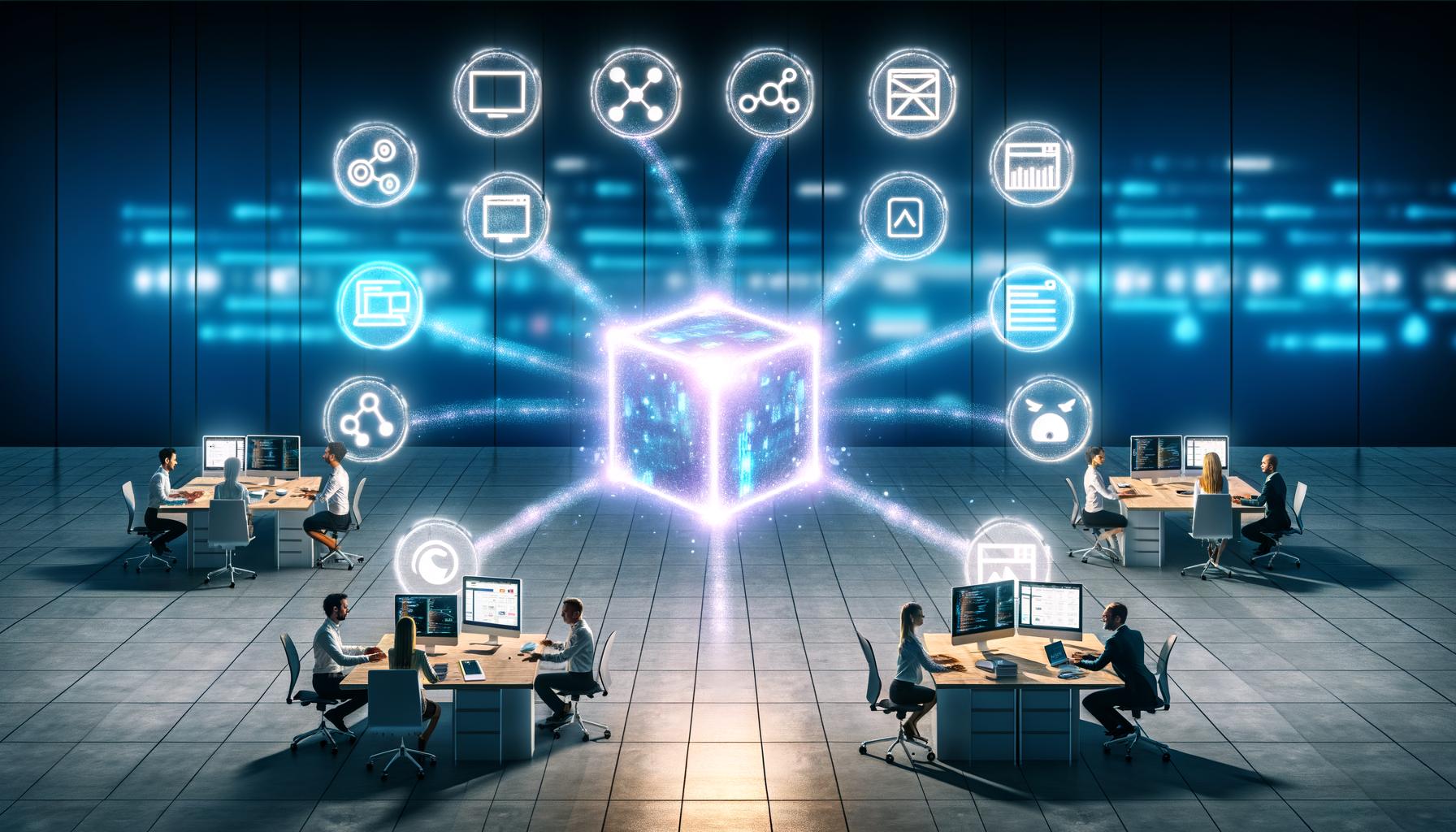 Futuristisches Büro mit Team, digitalen Kanban-Boards und leuchtendem Headless-CMS-Würfel, der Daten zu verschiedenen Endgeräten sendet.