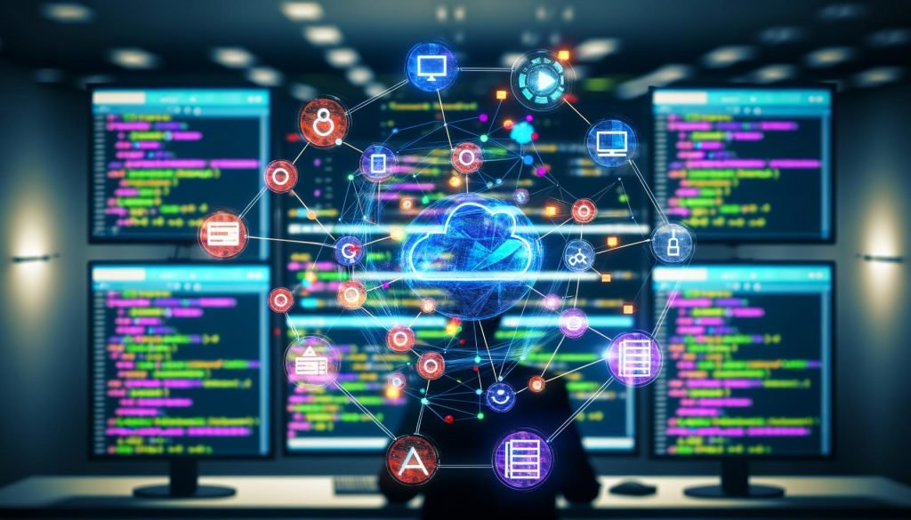 Futuristische Illustration eines Technologie-Experten vor einem farbenfrohen n8n-Workflow-Diagramm, umgeben von Monitoren, Code und Icons für Docker, API, Slack, Jira sowie Open-Source-Symbol.
