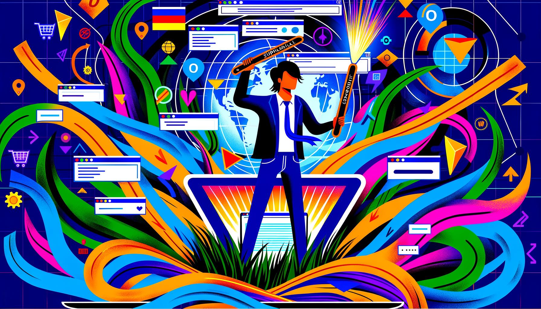 Illustration einer Person, die mit einer leuchtenden Machete namens Struktur durch einen dichten Dschungel aus Website-Elementen und SEO-Snippets wie hreflang, Canonical und Subdirectory hackt. Im Hintergrund wimmelt es von globalen Suchmaschinenlogos, Verkehrsgrafiken und Pfeilen.