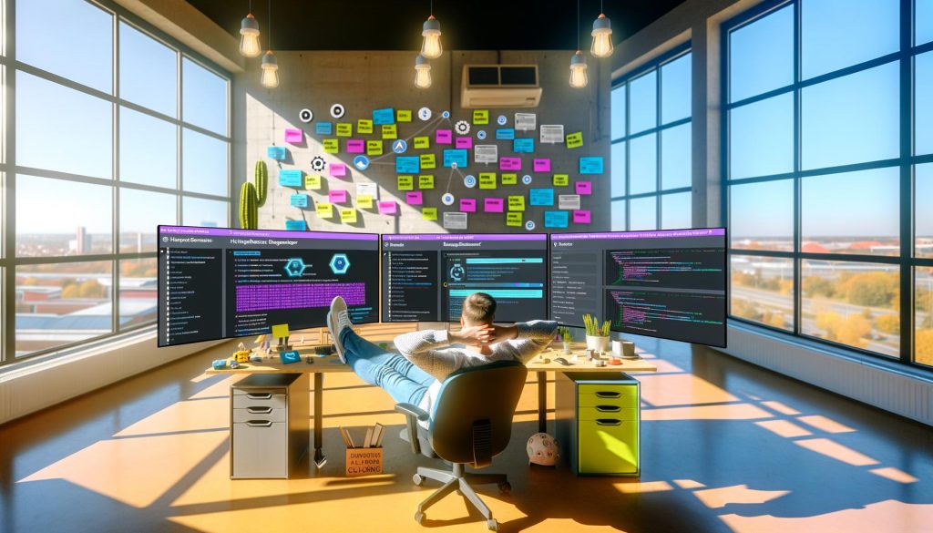 Online-Marketer in modernem Büro vor drei Bildschirmen mit Phantombuster-Dashboards, LinkedIn-Scraper, Google Sheets und Datenanalyse, im Hintergrund Post-Its, Kaktus und Entwickler-Gadgets