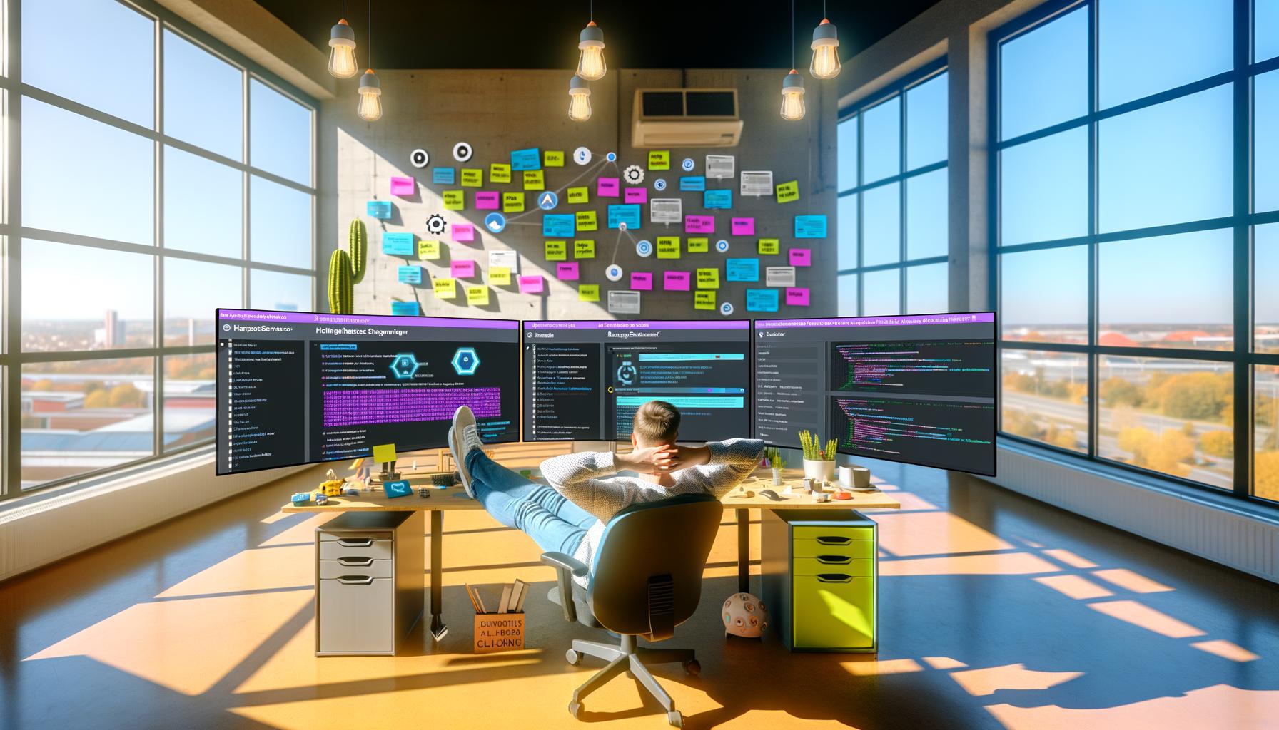 Online-Marketer in modernem Büro vor drei Bildschirmen mit Phantombuster-Dashboards, LinkedIn-Scraper, Google Sheets und Datenanalyse, im Hintergrund Post-Its, Kaktus und Entwickler-Gadgets