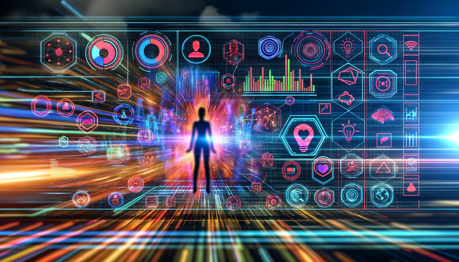 Illustration eines digitalen Marketing-Profis vor einer innovativen KI-Plattform mit Charts, Codes, Datenpipelines und leuchtenden Neonakzenten im modernen Stil.