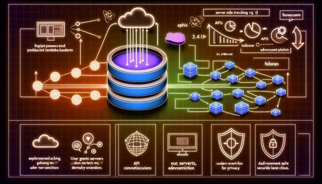 Schematische Illustrationen zu Server Side Tracking: Leuchtender Server, verblassende Tracking-Pixel, Datenschutz-Icons, Architekturdiagramme und Checkliste zur Implementierung. Aufgebaut mit modernen technischen und datenschutzrechtlichen Elementen.