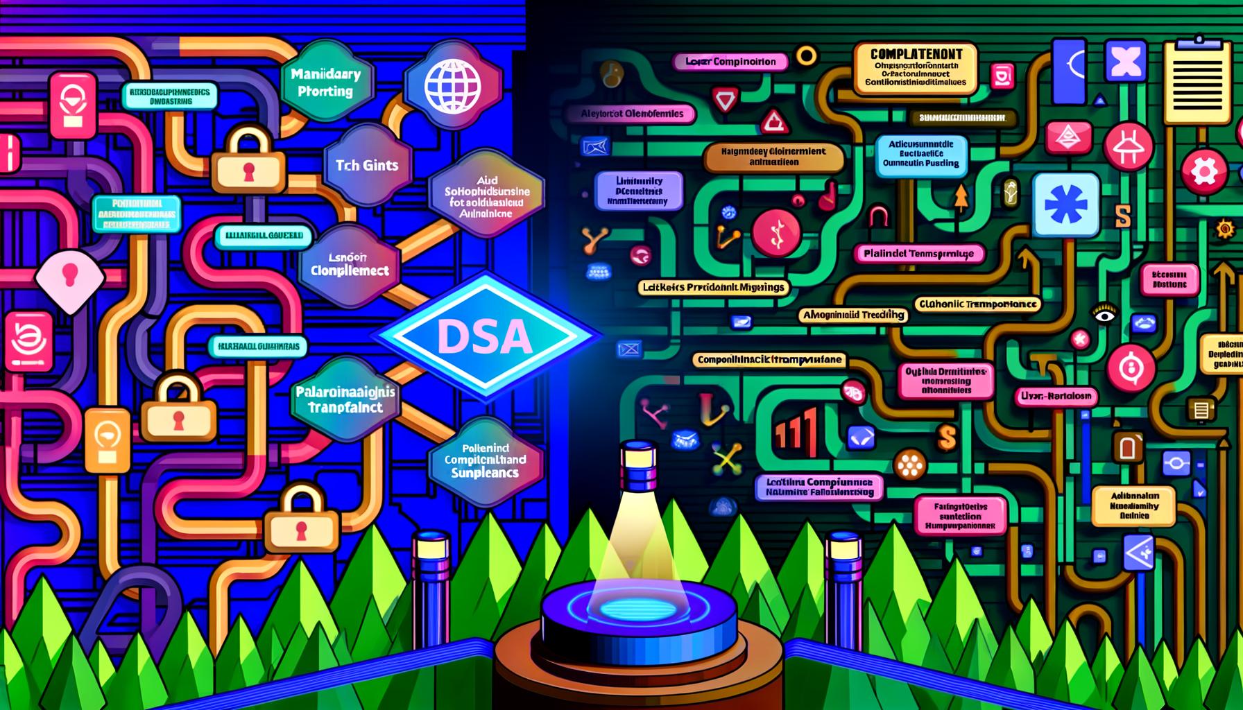 Dynamische Illustrationen zu DSA-Compliance: Plattform-Logos im Daten-Dschungel, klare Infografiken mit Symbolen für Transparenz, Datenschutz, Haftung, technische Dashboards, SEO-Effekte und Schritt-für-Schritt-Diagramme zur Umsetzung der DSA-Regeln.