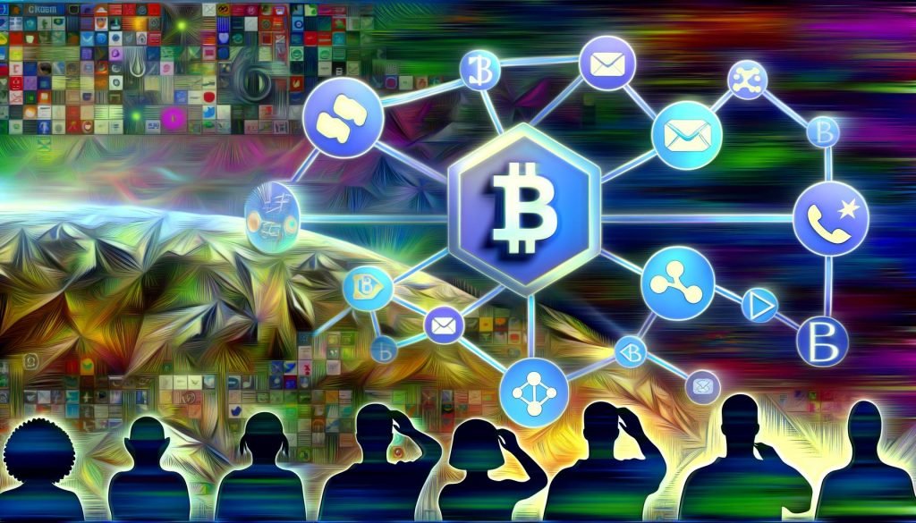 Digitale Illustration einer vernetzten Blockchain-Landschaft mit Knotenpunkten, digitalen Münzen und Menschen, die in eine leuchtende Web3-Welt schauen. Im Hintergrund verblassen alte Social-Media-Symbole.