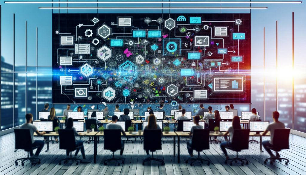 Modernes Büro mit Content-Creators, Editoren und Strategen an digitalen Kanban-Boards und Dashboards voller Analysen. Workflow-Diagramme und Tool-Integrationen wie CMS, Slack und DAM sorgen für effiziente und transparente Redaktion.