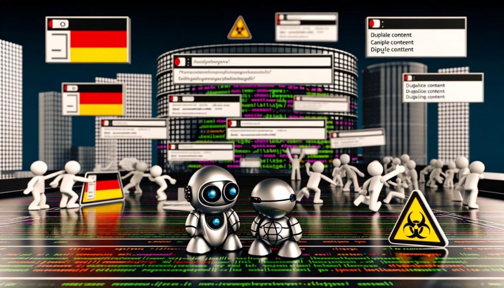 Dynamische Szene mit Language-Switcher (Flaggen für Deutsch, Englisch, Klingonisch), SEO-Diagrammen, -Tags und Googlebot, der sich über perfekte Sprachverlinkung freut – kontrastiert von frustrierten Webdesignern mit Indexierungsfehlern.