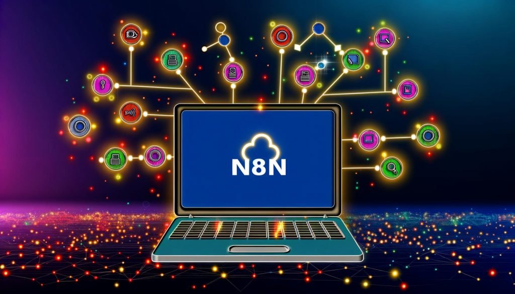 Offener Laptop mit n8n-Logo auf dem Bildschirm, umgeben von schwebenden Tool-Icons und leuchtenden Workflow-Linien in moderner, technischer Atmosphäre.