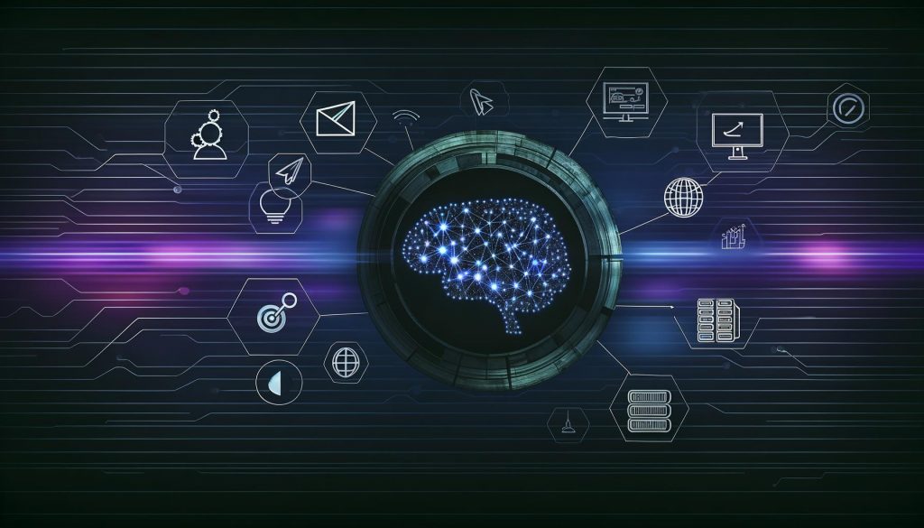 Titelgrafik mit abstrahiertem neuronalen Netz, leuchtenden Linien, Marketing- und Technik-Icons auf dunkelblau-violettem Hintergrund.