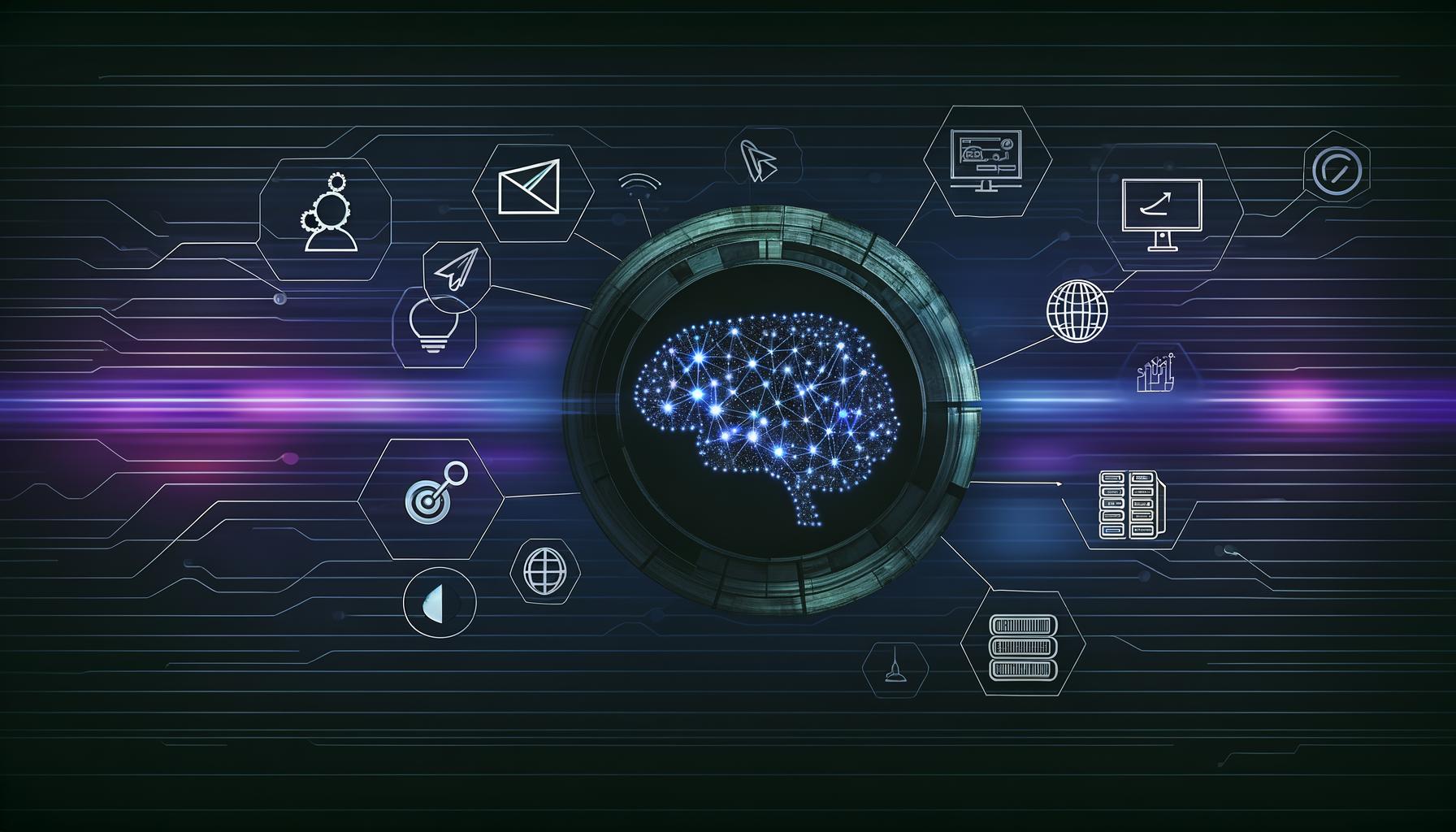 Titelgrafik mit abstrahiertem neuronalen Netz, leuchtenden Linien, Marketing- und Technik-Icons auf dunkelblau-violettem Hintergrund.