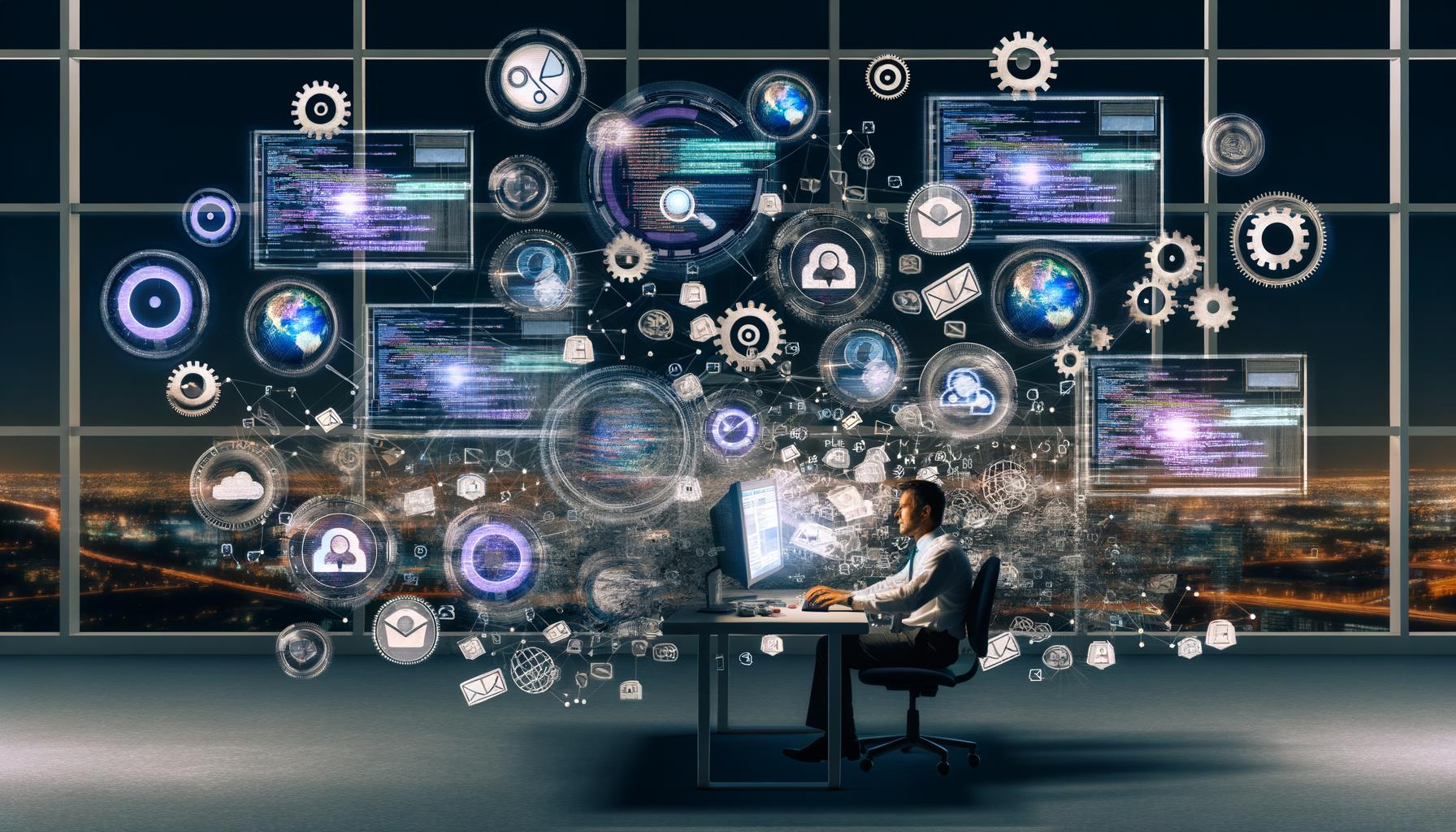 Illustration eines fokussierten Growth Hackers am Schreibtisch, umgeben von Monitoren mit Marketingdaten, Automatisierungs- und CRM-Symbolen vor urbaner Nachtkulisse