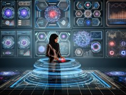 Geschäftsperson in Business-Outfit nutzt ein digitales Steuerpult vor leuchtenden Datenströmen, Hologrammen mit KI-Algorithmen und Diagrammen, in einem futuristischen dunklen Raum.