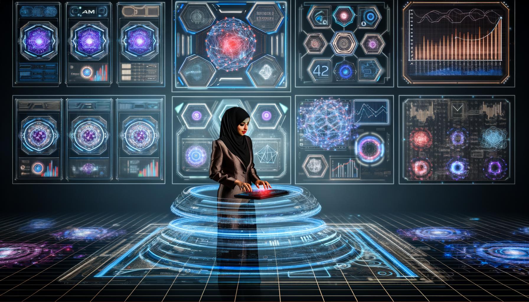 Geschäftsperson in Business-Outfit nutzt ein digitales Steuerpult vor leuchtenden Datenströmen, Hologrammen mit KI-Algorithmen und Diagrammen, in einem futuristischen dunklen Raum.