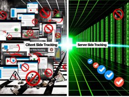 Dramatischer Vergleich: Chaotischer Browser mit blockierten Trackern links, moderner Serverraum mit klarer grüner Datenpipeline und hervorgehobener Tracking-Subdomain rechts.