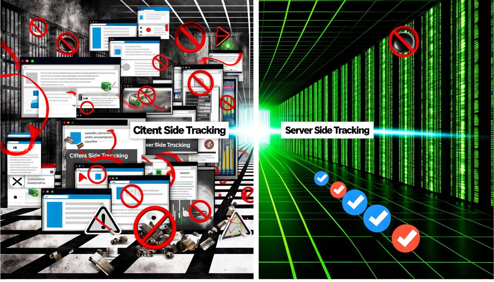 Dramatischer Vergleich: Chaotischer Browser mit blockierten Trackern links, moderner Serverraum mit klarer grüner Datenpipeline und hervorgehobener Tracking-Subdomain rechts.