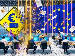 Moderne Großraumbüro-Szene mit ernsten Online-Marketing-Experten, EU-Flaggen und Gesetzes-Overlays, zerstörten Werbebannern, explodierenden Cookies und DSA-2025-Warnschild.