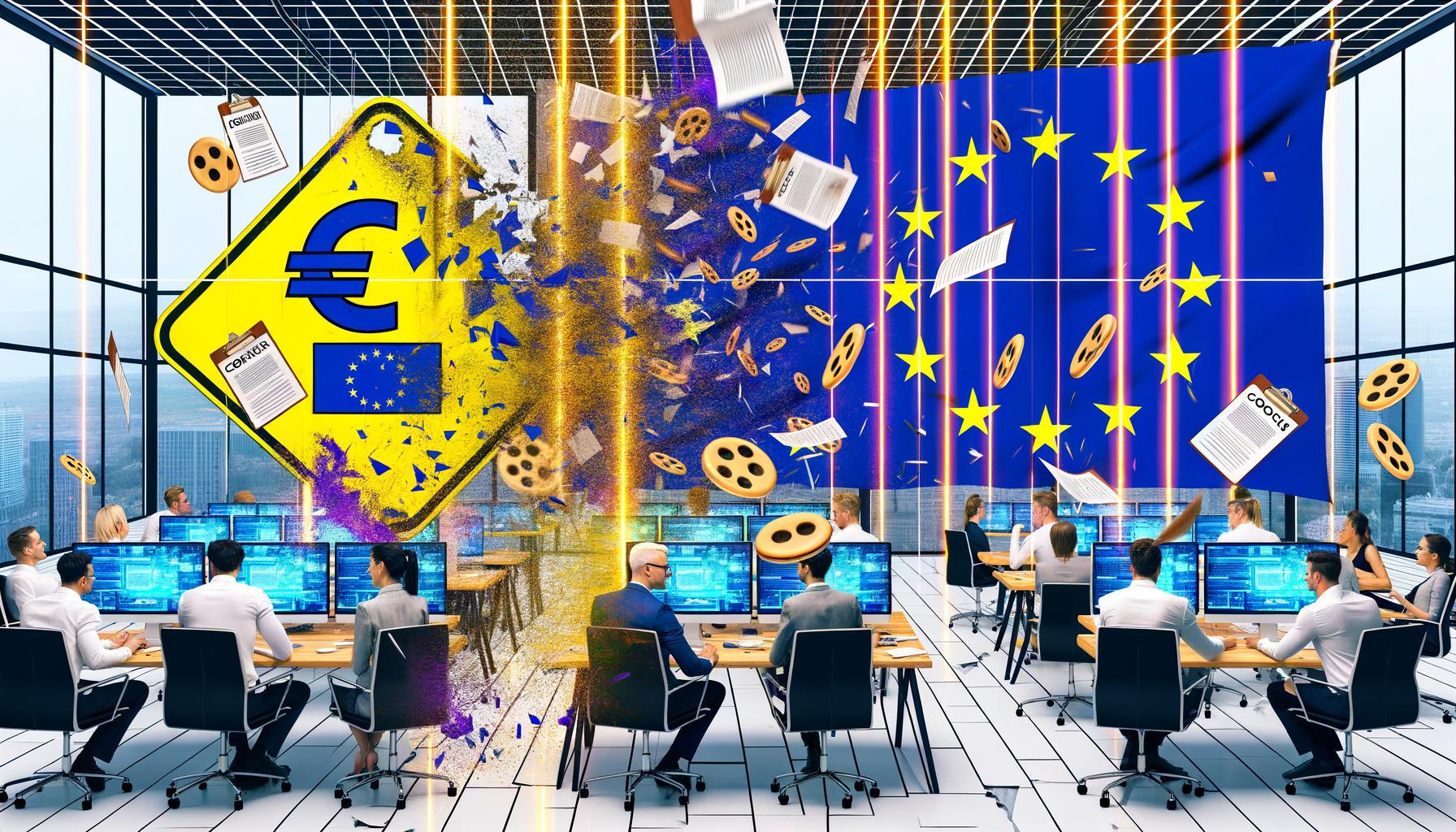 Moderne Großraumbüro-Szene mit ernsten Online-Marketing-Experten, EU-Flaggen und Gesetzes-Overlays, zerstörten Werbebannern, explodierenden Cookies und DSA-2025-Warnschild.