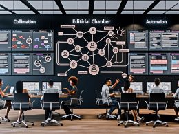 Modernes Redaktionsbüro mit diversen Teammitgliedern an digitalen Arbeitsstationen, visualisierten Workflows und Automatisierungen auf großen Bildschirmen.