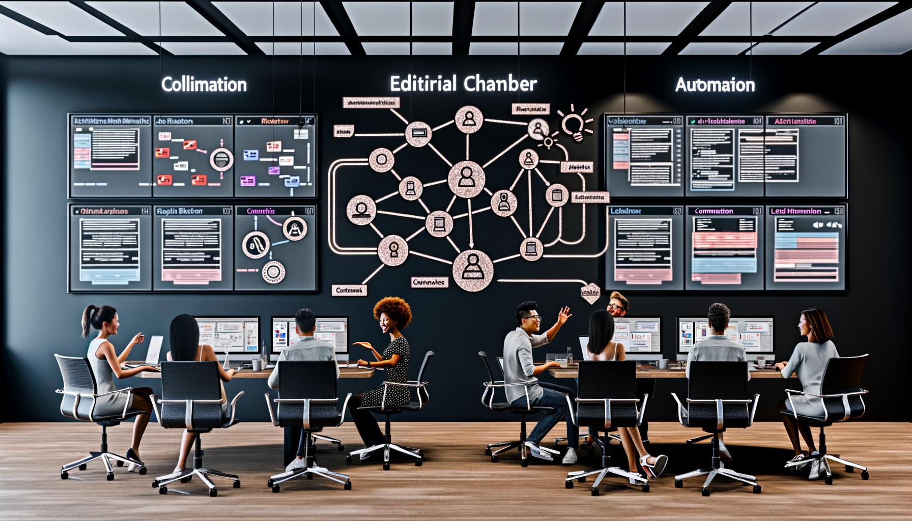 Modernes Redaktionsbüro mit diversen Teammitgliedern an digitalen Arbeitsstationen, visualisierten Workflows und Automatisierungen auf großen Bildschirmen.