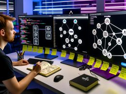 Tech-Profi vor vier Monitoren mit n8n-Workflows und API-Logos, Checklisten-Post-its und farbigen LED-Lichtstreifen.