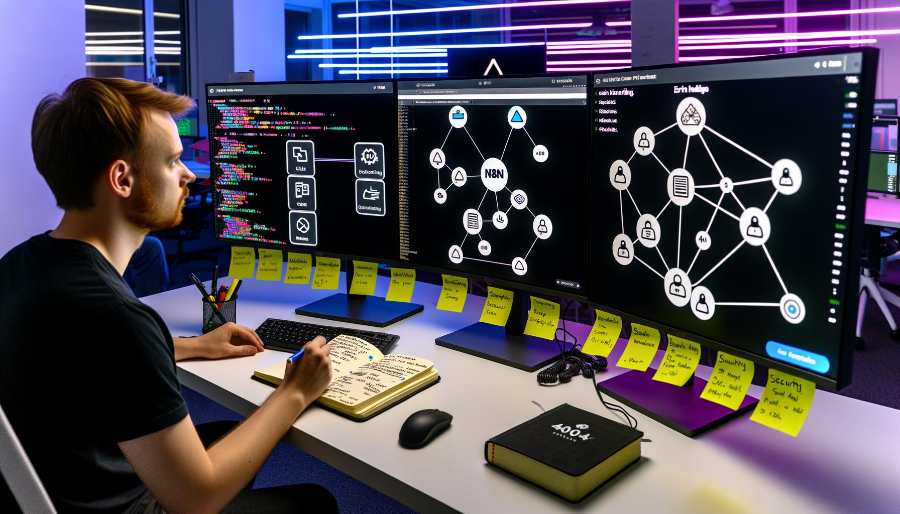 Tech-Profi vor vier Monitoren mit n8n-Workflows und API-Logos, Checklisten-Post-its und farbigen LED-Lichtstreifen.