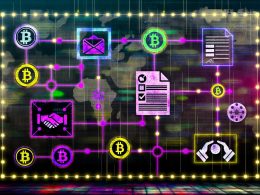 Digitale Collage mit High-Tech-Netzwerk, bunten Knotenpunkten, Symbolen für Blockchain, Smart Contracts, DAOs, NFTs, Token und digitale Wallets auf dunklem, futuristischem Hintergrund.