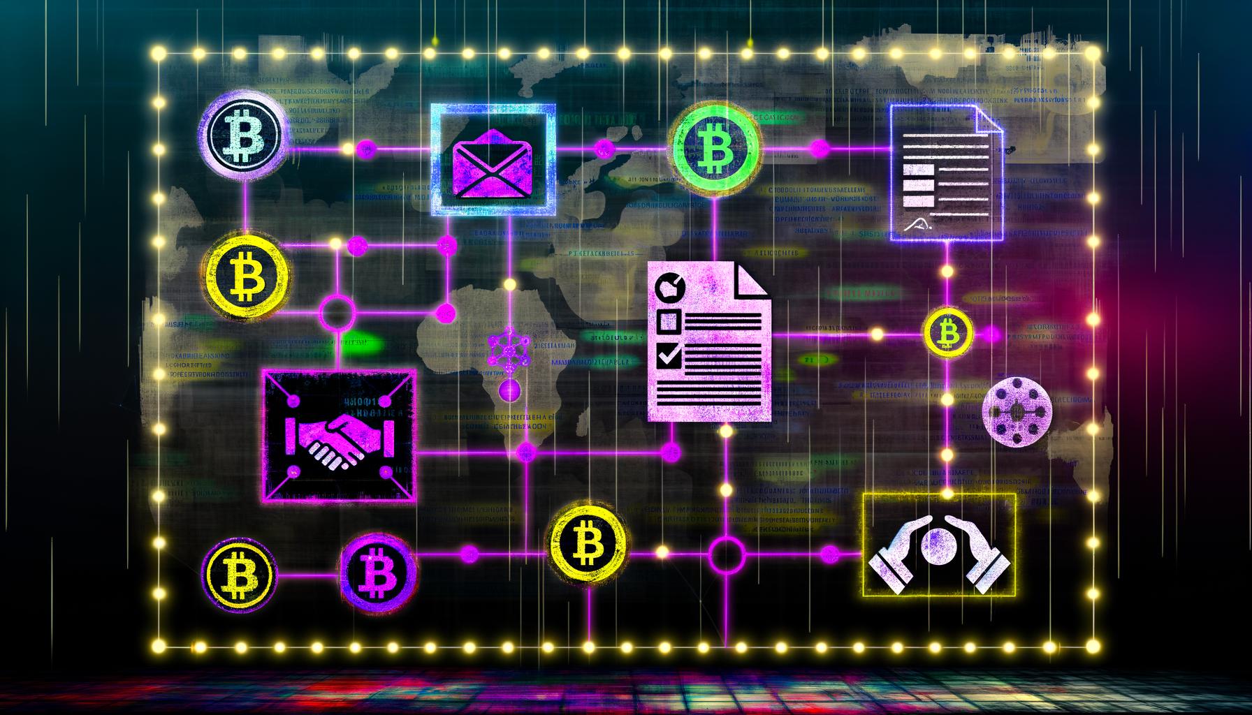 Digitale Collage mit High-Tech-Netzwerk, bunten Knotenpunkten, Symbolen für Blockchain, Smart Contracts, DAOs, NFTs, Token und digitale Wallets auf dunklem, futuristischem Hintergrund.