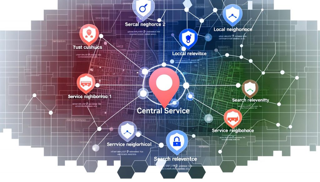 Moderne Illustration einer digitalen Stadtkarte Münchens, auf der verschiedene Stadtteile und Schlüsseldienst-Standorte strukturiert und farbig hervorgehoben sind, inklusive SEO- und Vertrauenssymbolen.