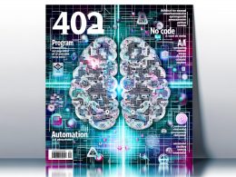 Modern gestaltetes Magazincover 2025 mit stilisiertem Gehirn, digitalen Schaltkreisen, KI-Buzzwords und abstrakten Symbolen vor neonblauem Hintergrund.
