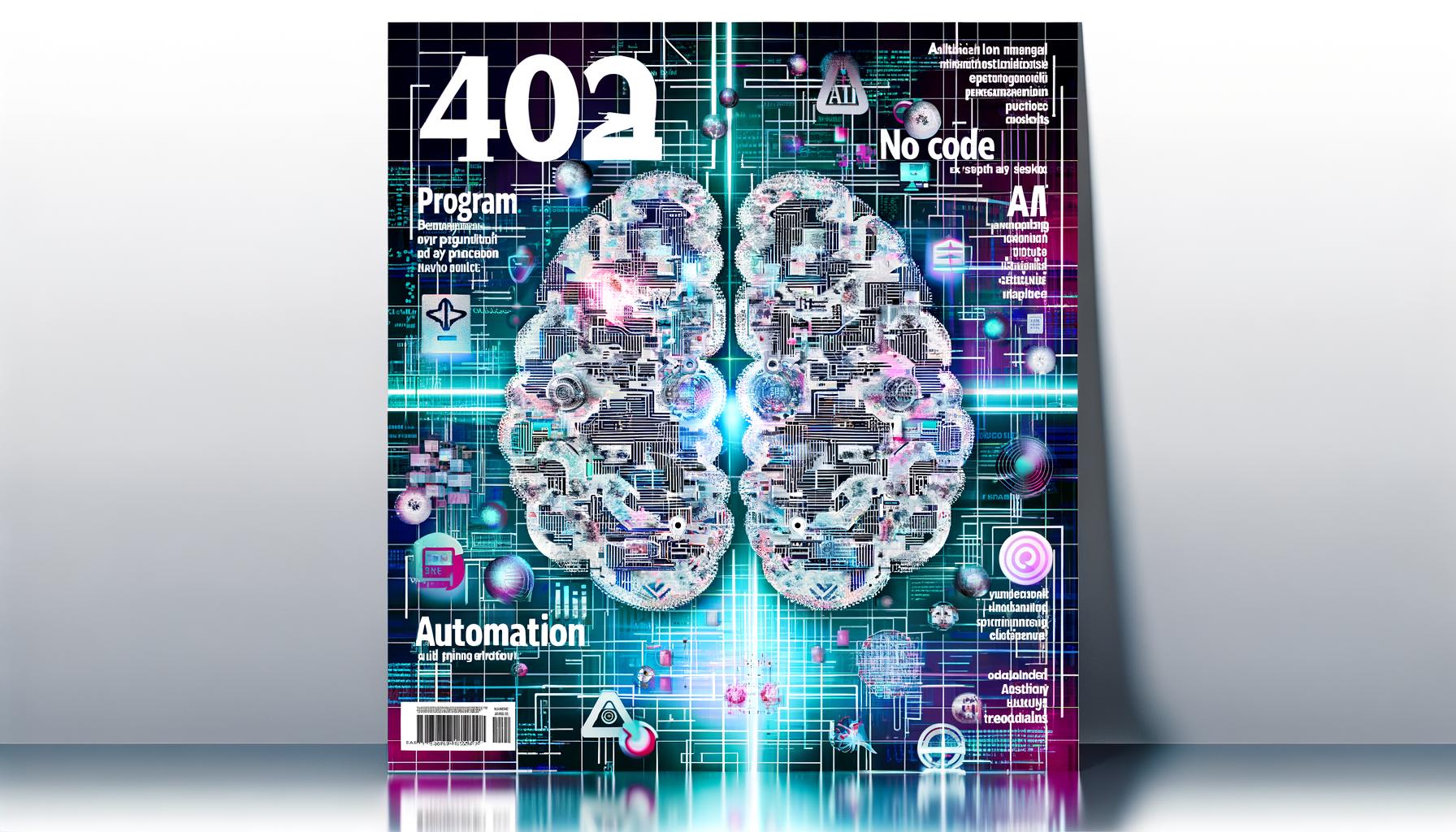 Modern gestaltetes Magazincover 2025 mit stilisiertem Gehirn, digitalen Schaltkreisen, KI-Buzzwords und abstrakten Symbolen vor neonblauem Hintergrund.