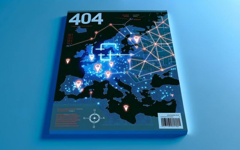 Digital stilisierte Europakarte mit leuchtenden Punkten in Städten, Zielscheiben, digitalen Werbebanner-Symbolen, geometrischen Verbindungslinien und Hightech-Icons wie GPS, WLAN und IP-Adresse, vor blauem Hintergrund.