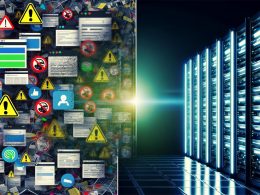 Links ein unübersichtliches Web-Dashboard mit Warnsymbolen und Adblocker-Icons als Sinnbild für Client Side Tracking, rechts ein technisches Server-Rack mit klaren Datenströmen für Server Side Tracking, zentral ein leuchtendes Schild mit „Server Side Tracking Lösung 2024“.