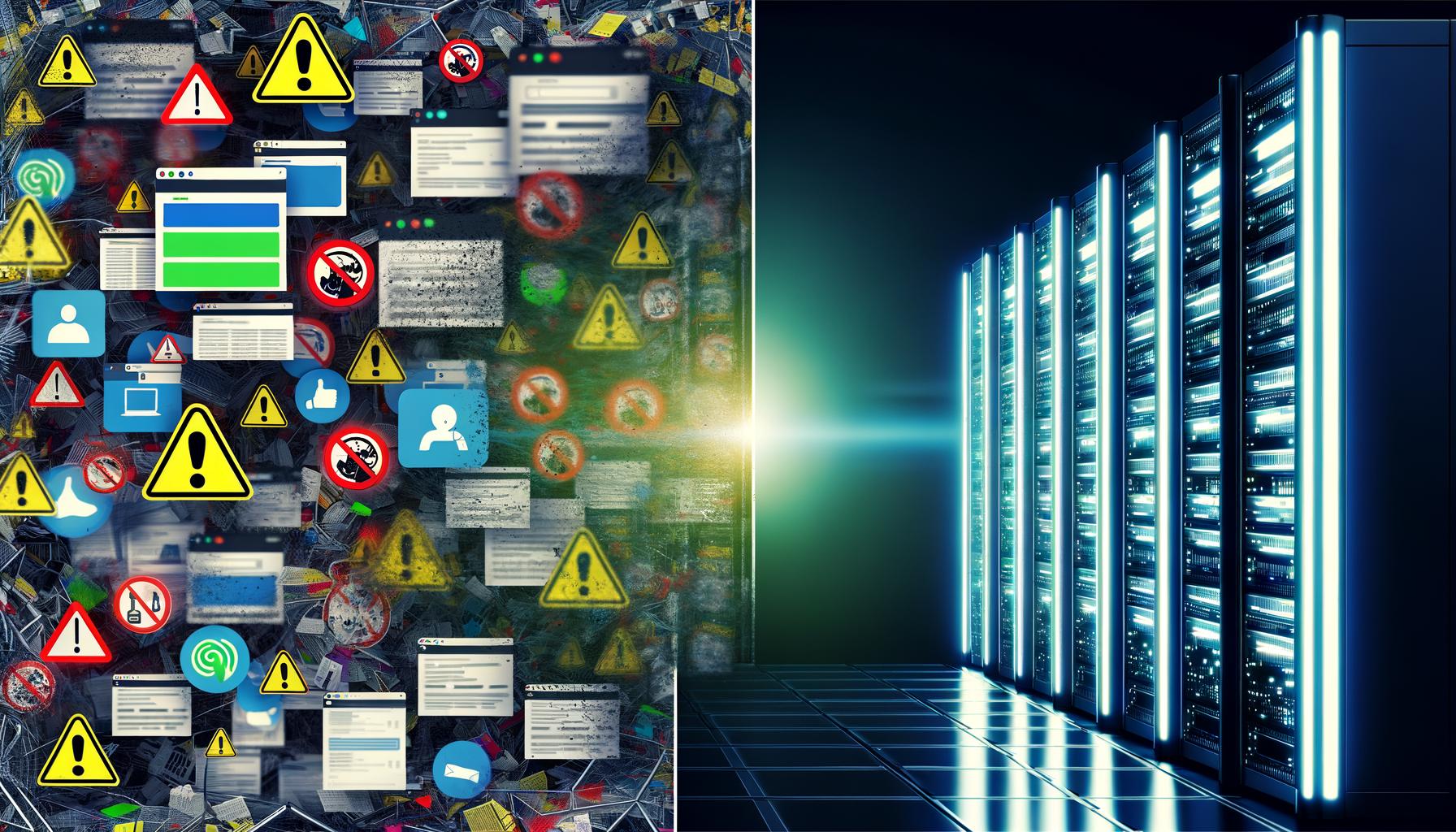 Links ein unübersichtliches Web-Dashboard mit Warnsymbolen und Adblocker-Icons als Sinnbild für Client Side Tracking, rechts ein technisches Server-Rack mit klaren Datenströmen für Server Side Tracking, zentral ein leuchtendes Schild mit „Server Side Tracking Lösung 2024“.