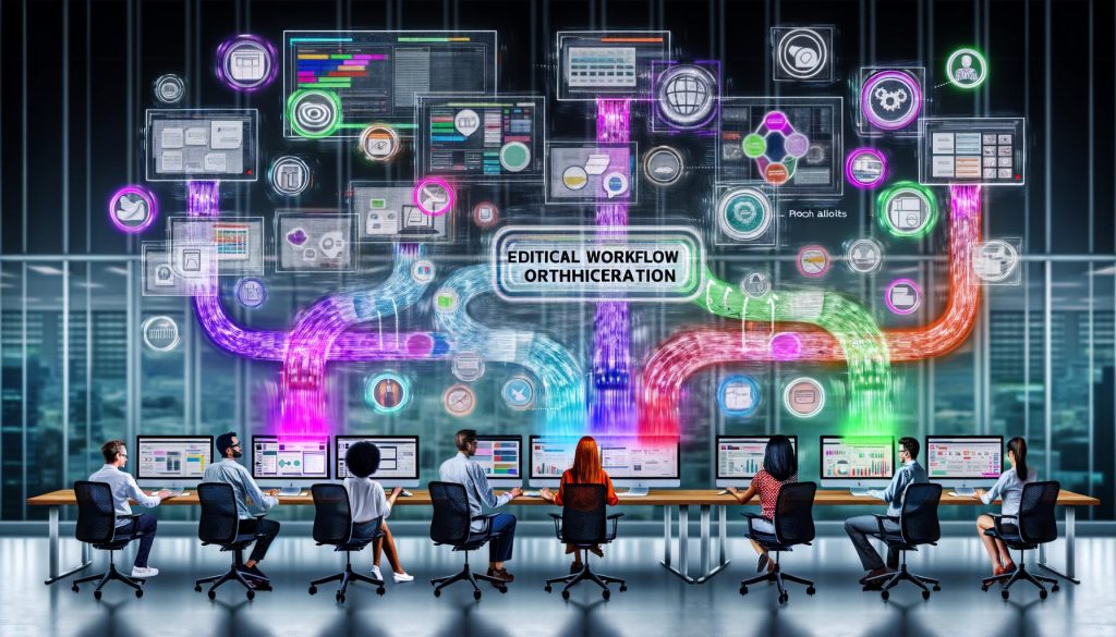 Modernes Marketingteam in einem digitalen Büro, arbeitet vor farbigen Dashboards und digitalen Projektplänen mit visualisierten Content-Workflows, Automatisierung und KI-gesteuerter Prozessintegration.