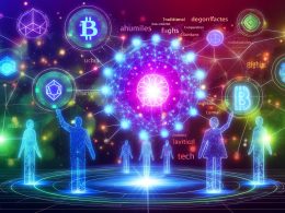 Dynamische Illustration einer futuristischen digitalen Landschaft mit leuchtendem Blockchain-Netzwerk, vielfältigen Menschen-Avataren, digitalen Token und dezentralen Strukturen vor verblassenden Tech-Giganten-Logos.