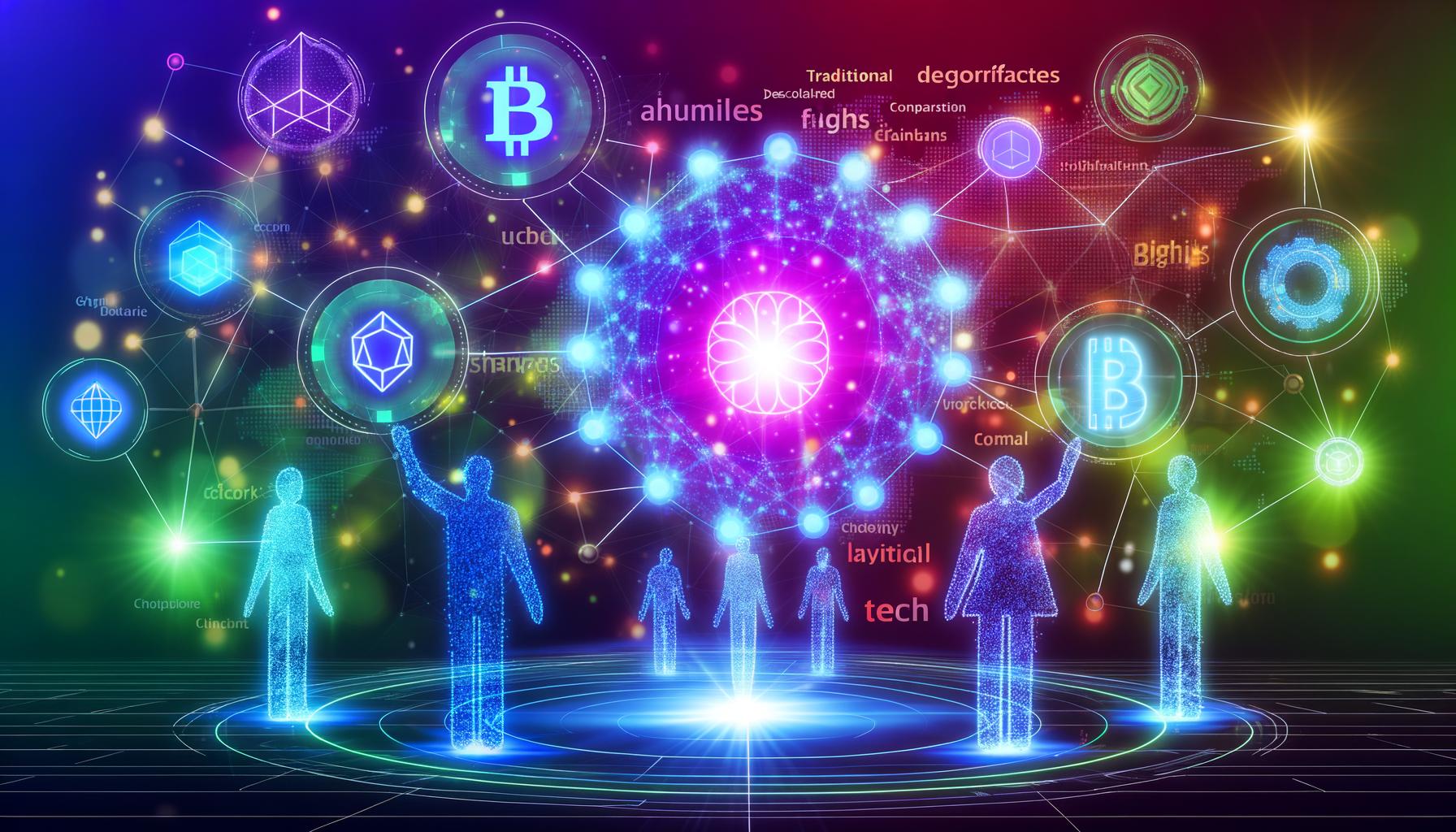 Dynamische Illustration einer futuristischen digitalen Landschaft mit leuchtendem Blockchain-Netzwerk, vielfältigen Menschen-Avataren, digitalen Token und dezentralen Strukturen vor verblassenden Tech-Giganten-Logos.