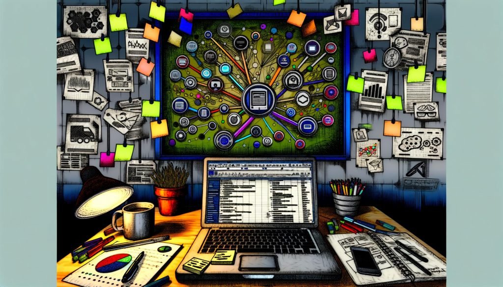 Modernes Büro eines Digitalmarketers mit unordentlichem Schreibtisch, vielen Zetteln und Kabeln sowie einem Laptop, auf dem ein strukturierter n8n-Workflow angezeigt wird, der Effizienz im Arbeitsalltag symbolisiert.