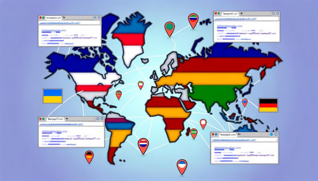 Stilisierte Weltkarte mit farblich markierten Ländern, Domainbeispielen aus Frankreich, Deutschland und Brasilien sowie Icons für hreflang, Serverstandort und Google Search Console.