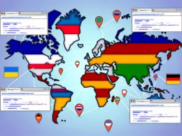 Stilisierte Weltkarte mit farblich markierten Ländern, Domainbeispielen aus Frankreich, Deutschland und Brasilien sowie Icons für hreflang, Serverstandort und Google Search Console.