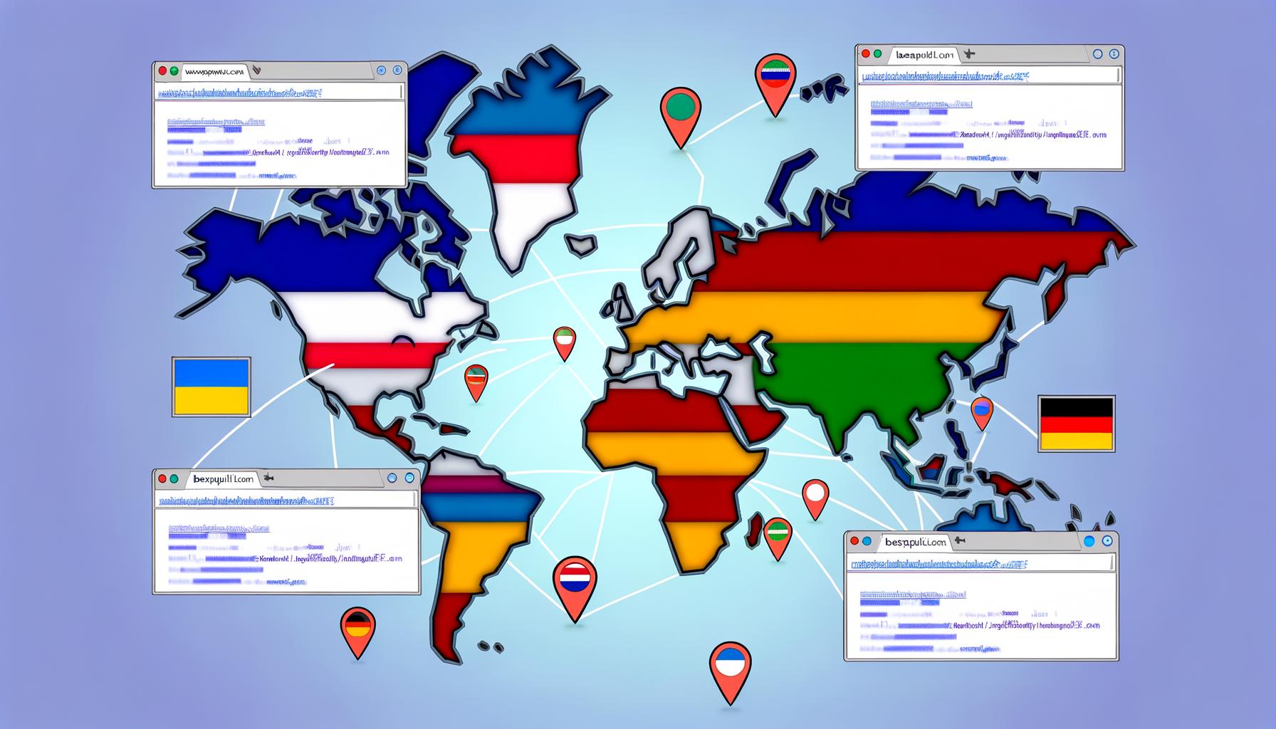 Stilisierte Weltkarte mit farblich markierten Ländern, Domainbeispielen aus Frankreich, Deutschland und Brasilien sowie Icons für hreflang, Serverstandort und Google Search Console.