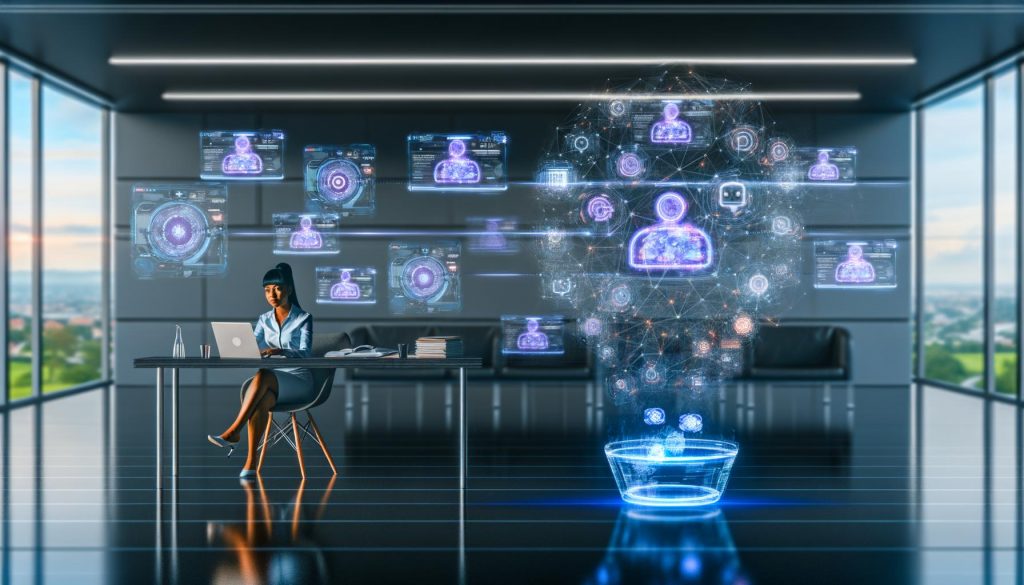 Futuristische Büroszene mit Mensch an Schreibtisch, komplexen Marketing-Dashboards, schwebender KI-Visualisierung und holographischen Anzeigen wie Personalisierung, Automatisierung und Predictive Analytics.