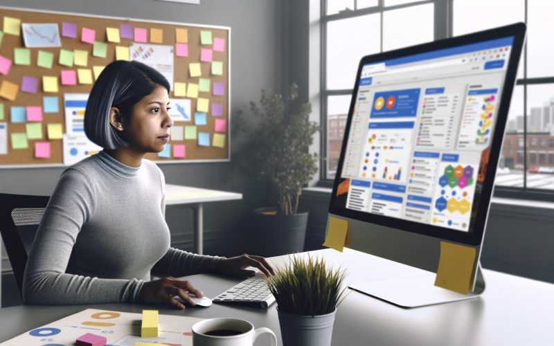 Digital Marketing Experte am Schreibtisch mit Google Ads Editor auf dem Bildschirm und farbenfrohen Kampagnen in modernem Büro mit Stadtblick.