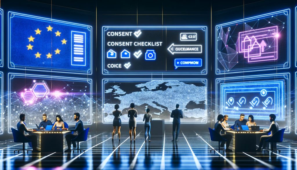 Futuristischer Kontrollraum mit mehreren Bildschirmen, auf denen komplexe Daten, Consent-Banner und Compliance-Checklisten gezeigt werden. Im Vordergrund Marketerin, Entwickler und Unternehmenschef, die die Herausforderungen des Digital Services Act betrachten.