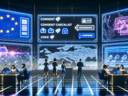 Futuristischer Kontrollraum mit mehreren Bildschirmen, auf denen komplexe Daten, Consent-Banner und Compliance-Checklisten gezeigt werden. Im Vordergrund Marketerin, Entwickler und Unternehmenschef, die die Herausforderungen des Digital Services Act betrachten.